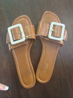 J. McLaughlin Cognac Croc-Embossed Slide Sandals with Buckle